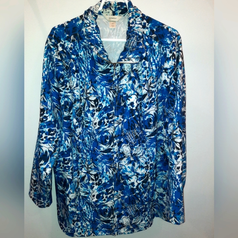 CJ Banks Womens royal blue abstract floral Full Zip Jacket size 2x EUC